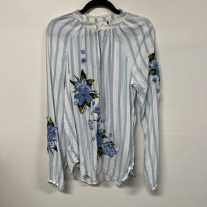 Anthropologie Akemi Kin Floral Blouse Womens S Blue White Striped Embroidered